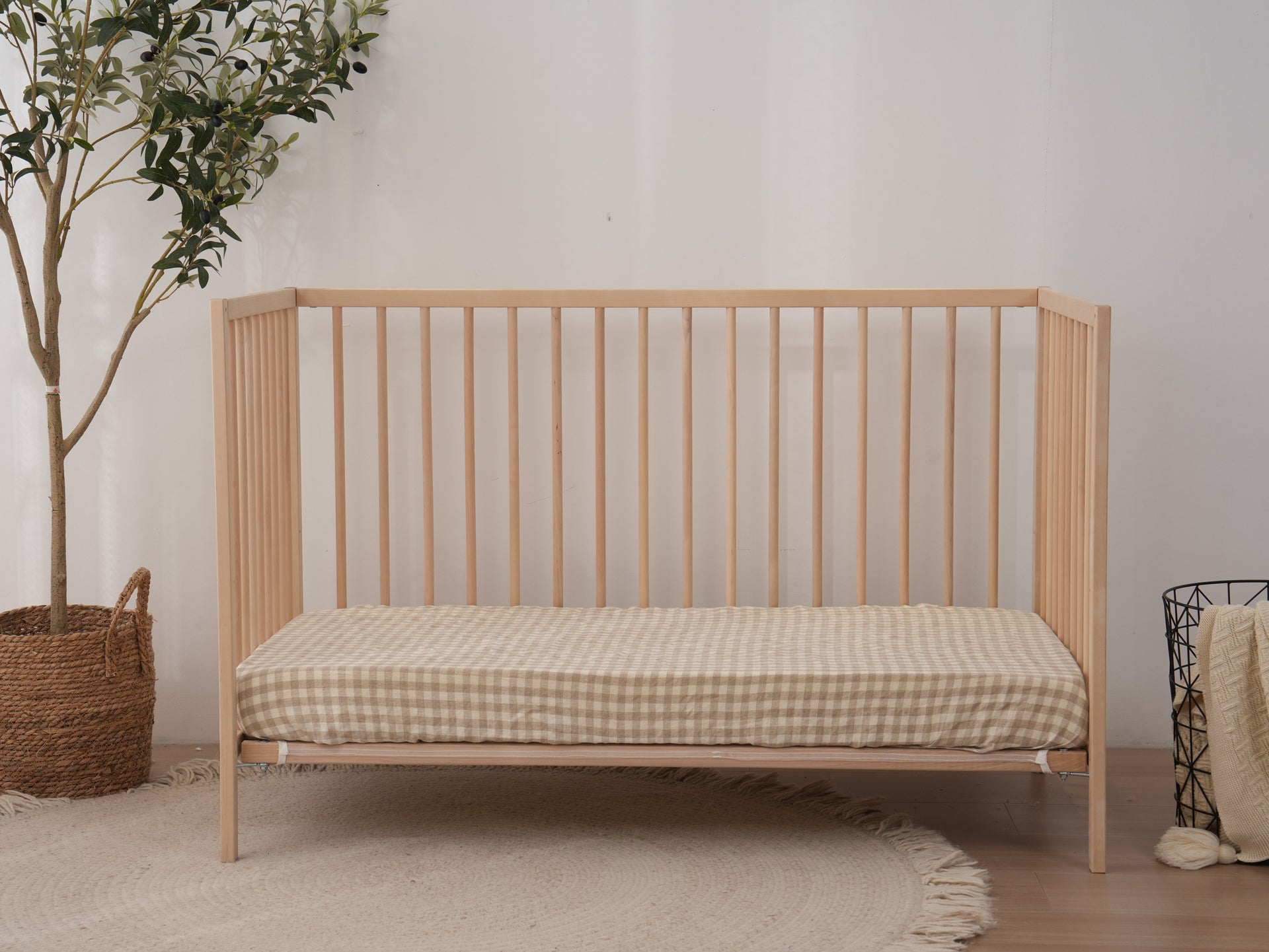 Linen Fitted Cot Sheet - Beige Gingham
