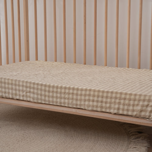 Fitted Linen Cot Sheet - BEIGE GINGHAM