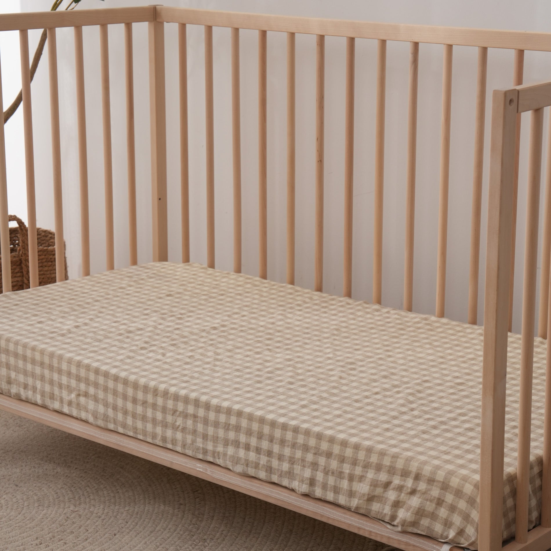 Linen Fitted Cot Sheet - Beige Gingham
