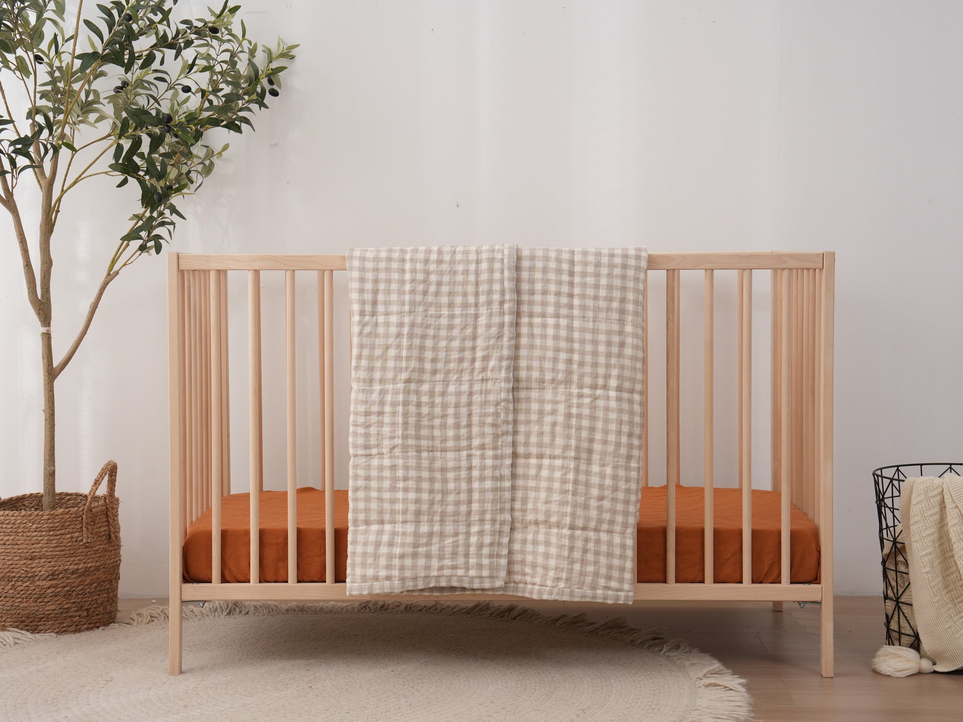 Quilted Linen Cot Blanket - Beige Gingham