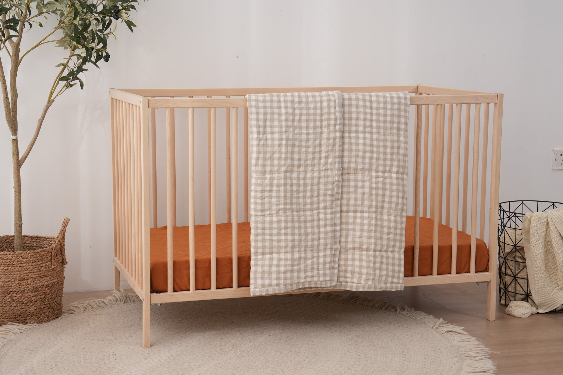 Quilted Linen Cot Blanket - Beige Gingham