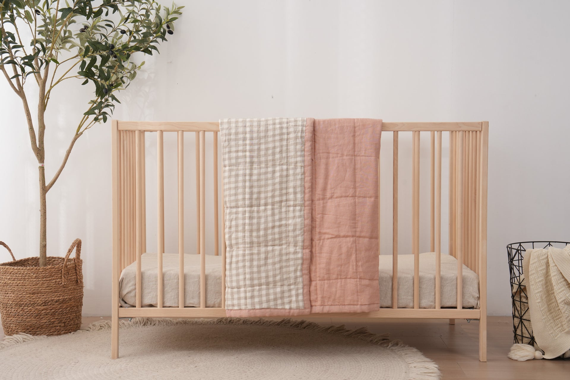 Quilted Linen Cot Blanket - Pink Clay + Beige Gingham