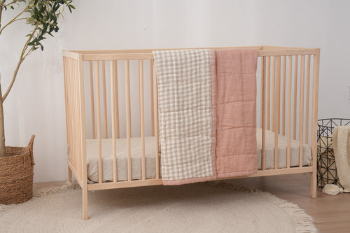 PINK CLAY + BEIGE GINGHAM - Quilted Cot Blanket - 100% French Flax Linen