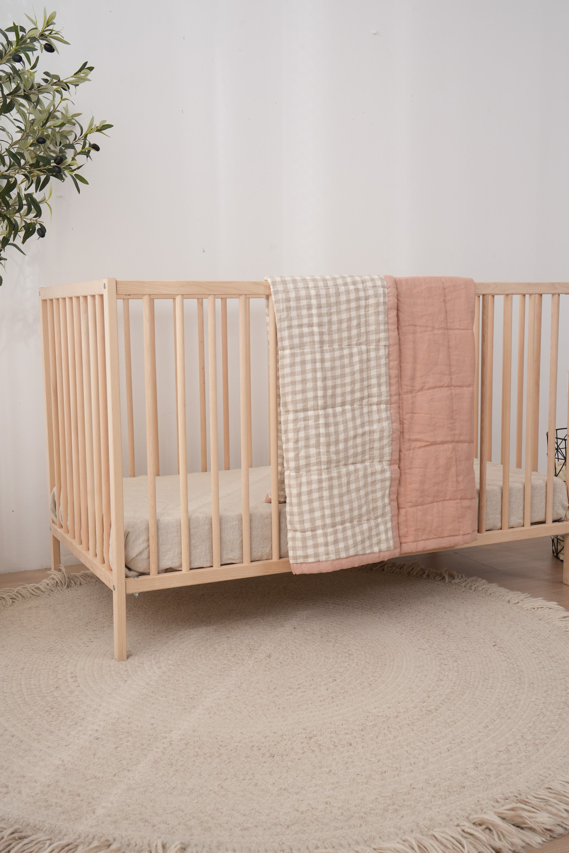 Quilted Linen Cot Blanket - Pink Clay + Beige Gingham