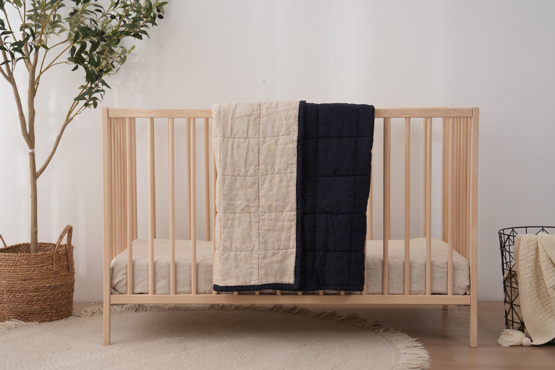 Quilted Linen Cot Blanket - Ocean + Sand