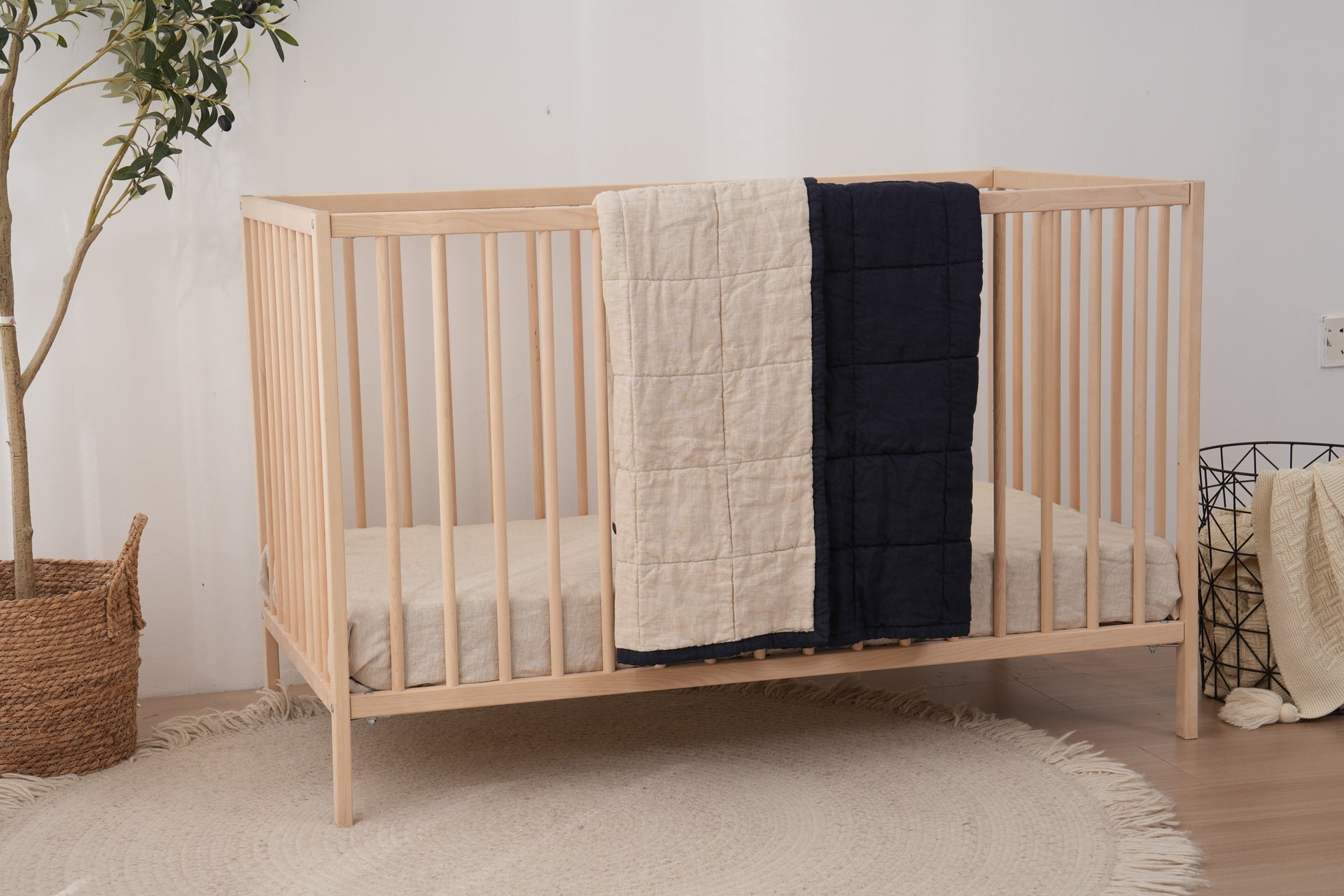 Quilted Linen Cot Blanket - Ocean + Sand