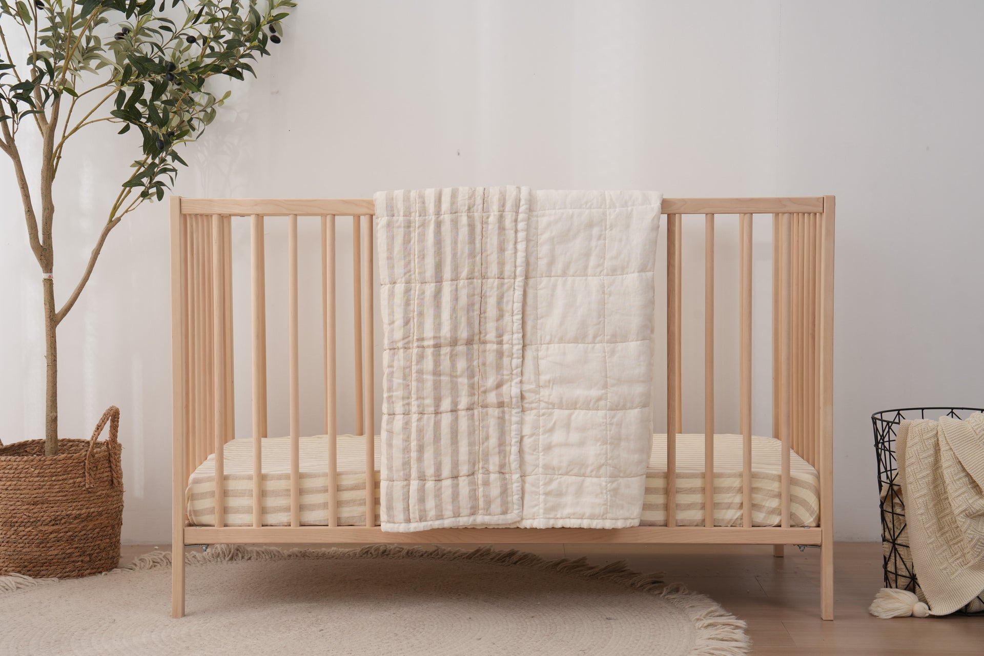 Quilted Linen Cot Blanket - Cloud + Sand Stripe