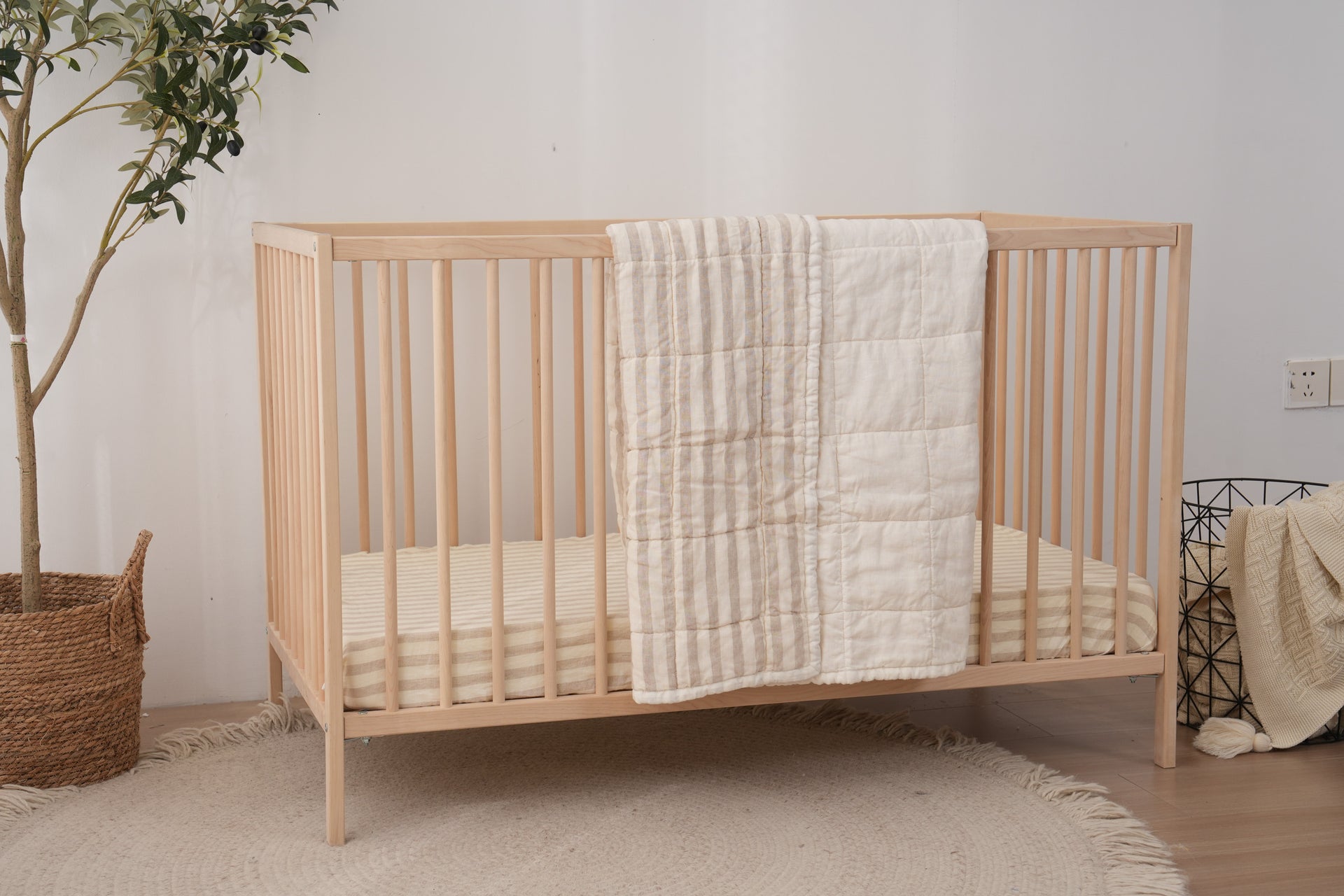 Quilted Linen Cot Blanket - Cloud + Sand Stripe
