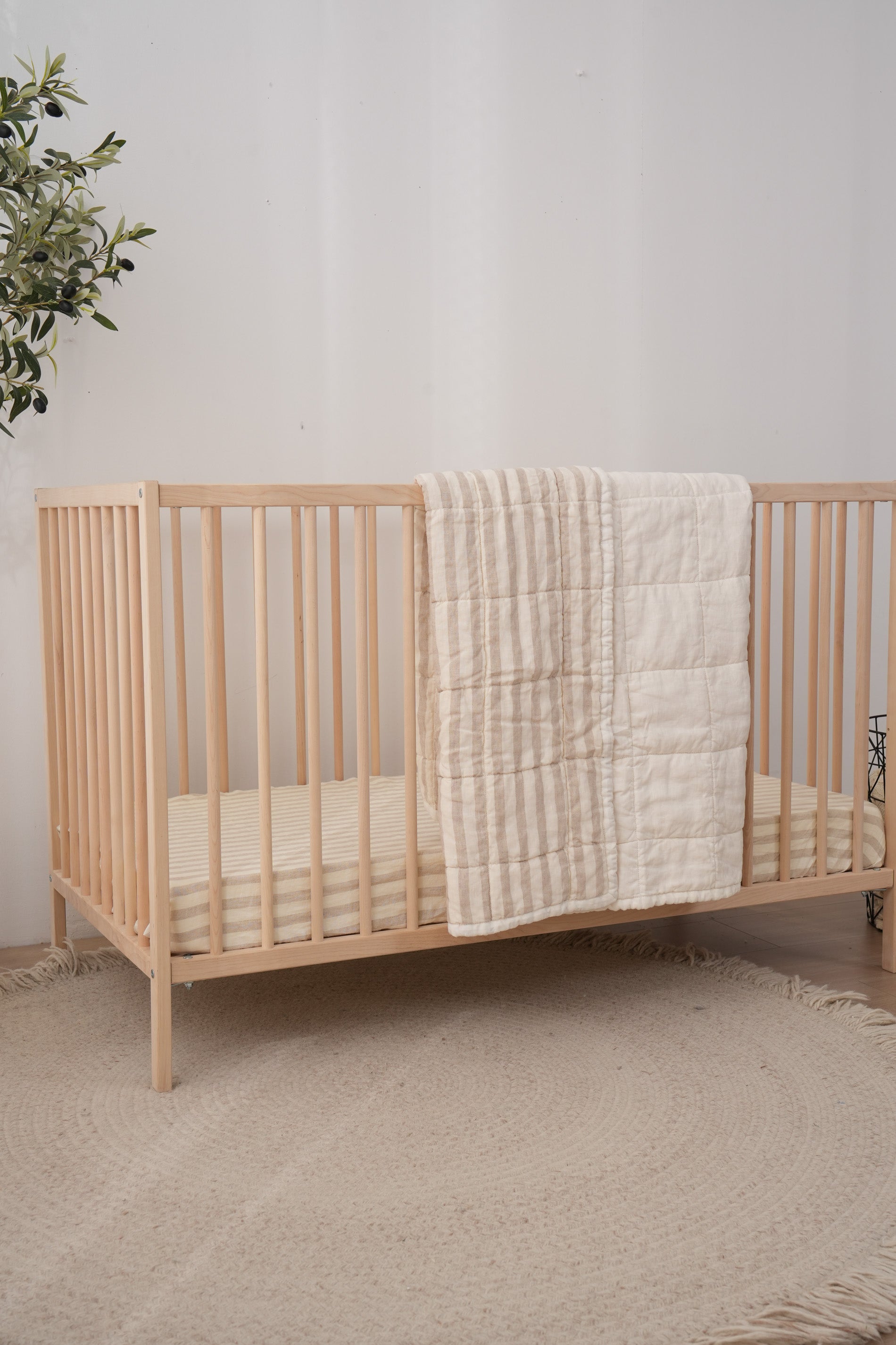 Quilted Linen Cot Blanket - Cloud + Sand Stripe