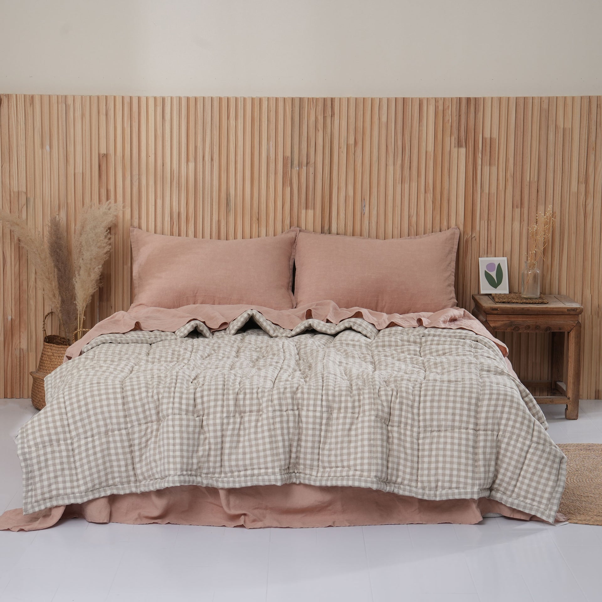 Quilted Linen Blanket - Beige Gingham