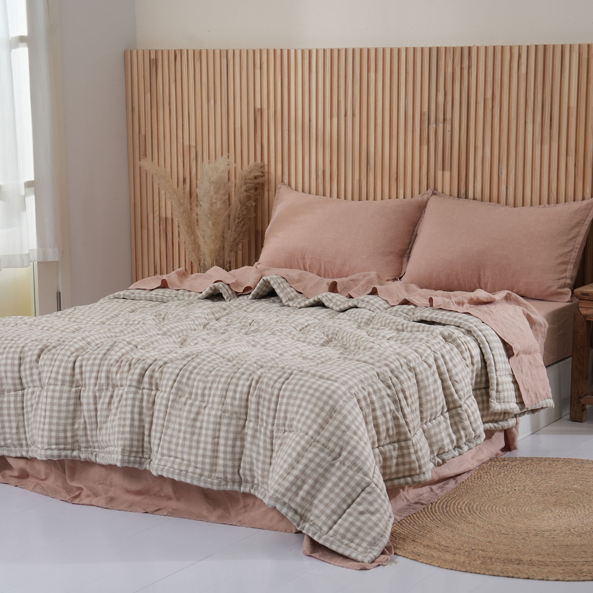 Quilted Linen Blanket - Beige Gingham