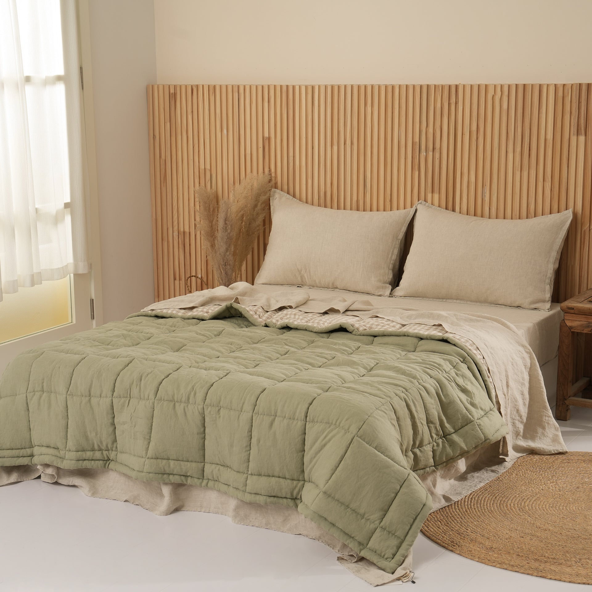 Quilted Linen Blanket - Fern + Beige Gingham