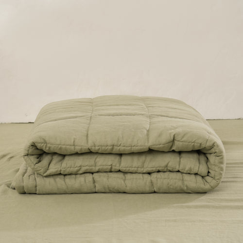 Quilted Linen Blanket - FERN + BEIGE GINGHAM