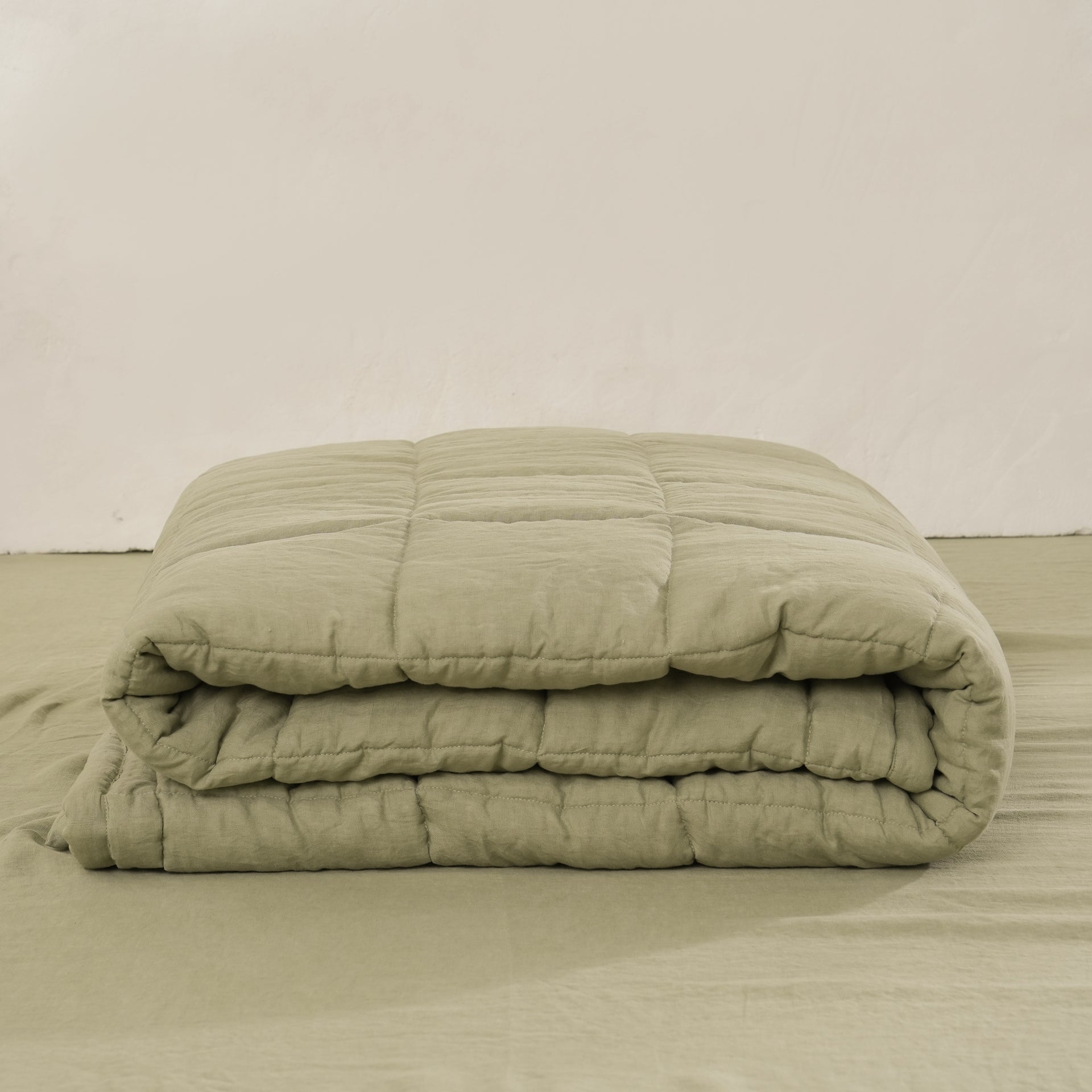 Quilted Linen Blanket - Fern + Beige Gingham