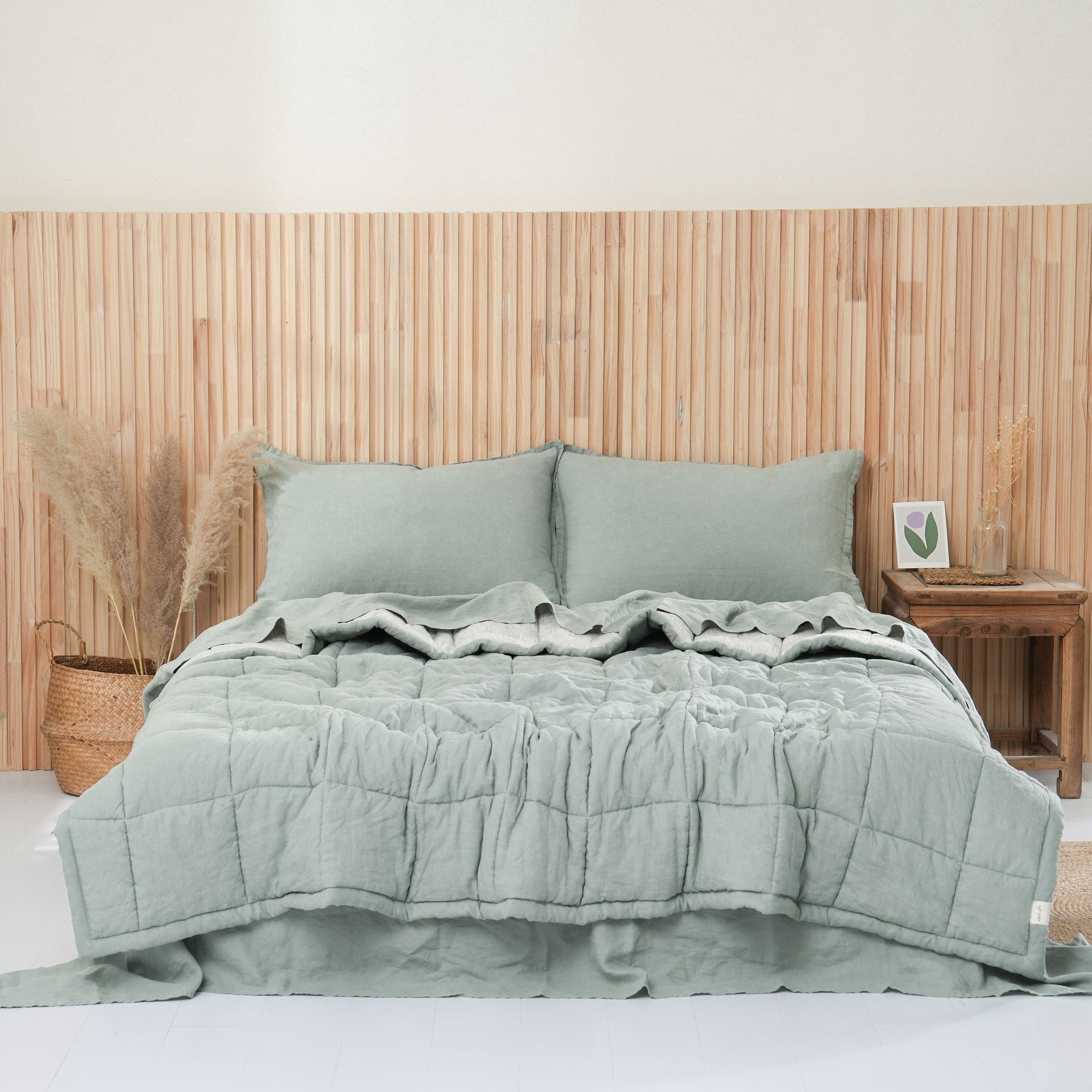 Quilted Linen Blanket - Sage + Pinstripe